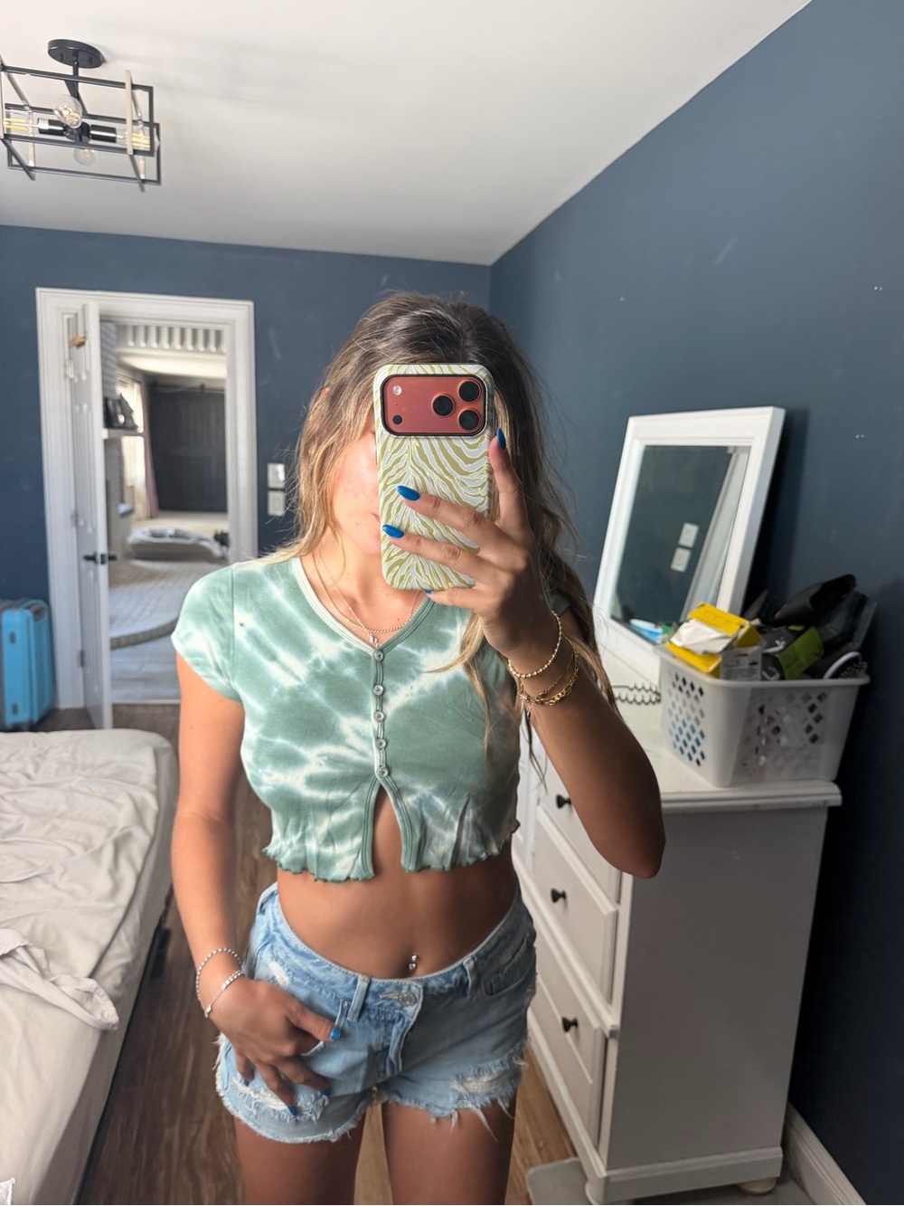 Casual Tie-Dye Crop Button Front Top - Sage Green